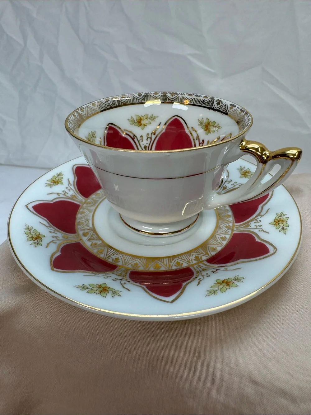 Vintage Red Gold Tea Cup and Saucer Geometric Floral, Ucagco Japan, Excellent